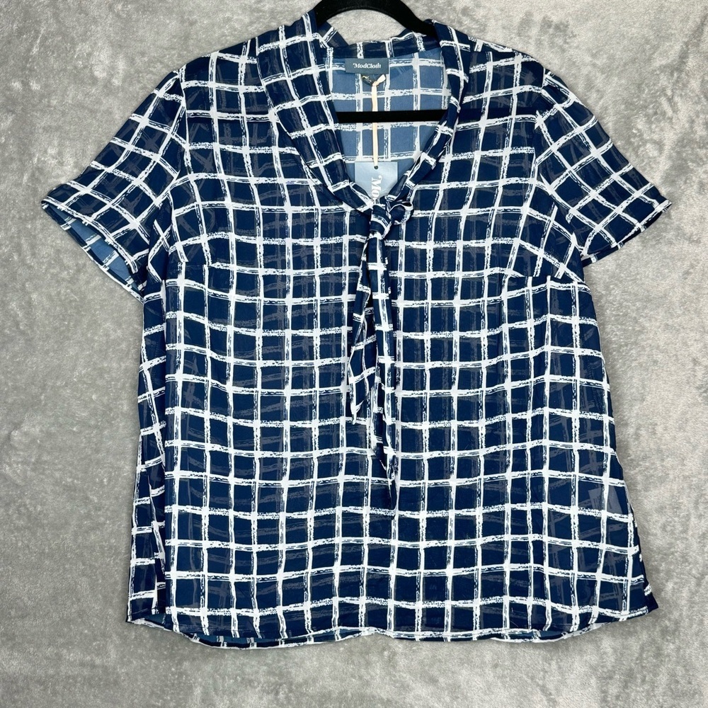 ModCloth‎ 1X Shirt Top Blue Checkered Short Sleeve V Neck Bow Sheer Lightweight